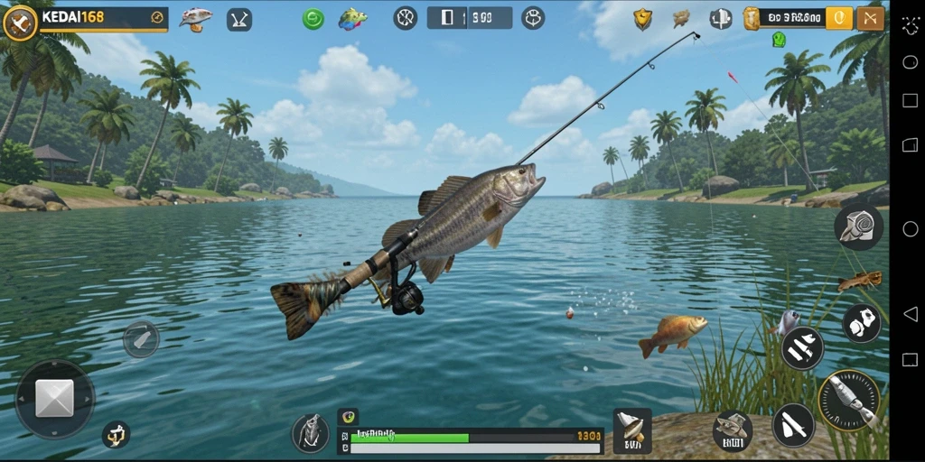 Screenshot KEDAI168 menampilkan pemain yang asyik memancing di lokasi yang indah.