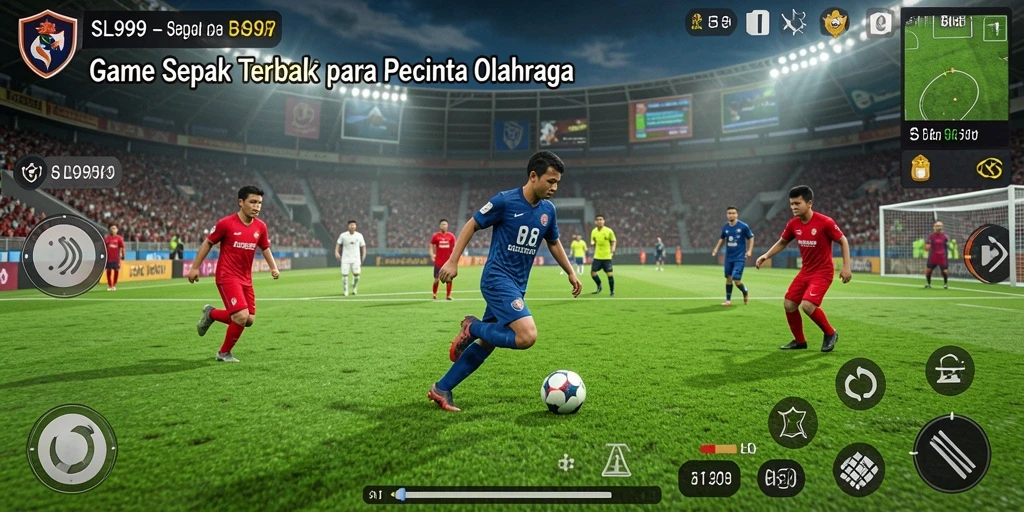 Screenshot gameplay SL999 menampilkan aksi seru di lapangan sepak bola.